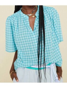 Xirena Carys Shirt Aqua Blue Boxy Button Down Short Sleeve Checked Blouse Sz S